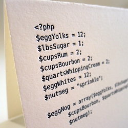 Code Cards — letterpress greeting cards for nerds. Egg nog arrays, CSS new year's cards, and more. Made by hand (and Vandercook) in Brooklyn, NY.