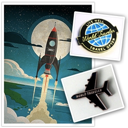 IdeaStorm has fun vintage styled travel posters, enamel pins, badges, and more...