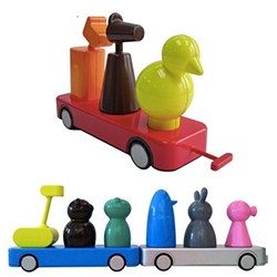 Playsam Wagonimals Toy Train Set - Three train cars, three animals each, and each animal belongs to a specific place in the wagon, denoted by the shape of its base. Designed by Steve Cozzolino.