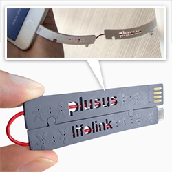 PlusUs LifeLink USB charging cable is incredibly thin, strong, and the thickness of 2 credit cards. The cable is encased with tough Teflon and then a durable over-mould chassis. 