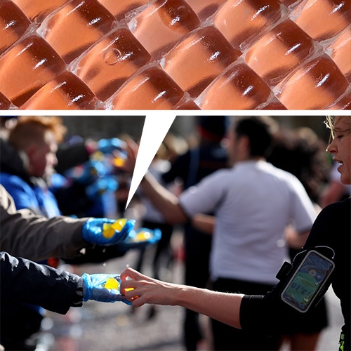 At the London Marathon, Lucozade was handed out in Ooho! packets from Notpla, a material made from seaweed and plants that disappear, naturally.