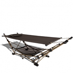 The Strathwood Portable Folding Hammock eliminates the need for trees. Its powder-coated steel frame folds up  into its carrying case and the textilene fabric sling, suspension chains, and removable pillow keep you comfy.