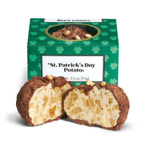 See's Candies St. Patrick's Day Potatoes - See's Divinity filling is hand-shaped and enrobed in creamy milk chocolate, then rolled in a blend of cinnamon and cocoa-powder, topped with pine nut 'eyes.'