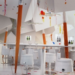 Pracownia Restaurant, designed to be an artist's studio, colorful paint-splashed interior, from floor to furniture to ceiling. By Karina Wiciak.
