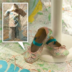 Amazing window display of kid's outfits made of MAPS ~ down to the shoes... celebrating Concours on the Ave in Carmel/Pebble Beach.