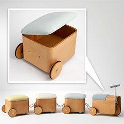 KAMKAM's Gicha - train motifed seating for kids... you can roll around (and drag others for a ride) and store things within!
