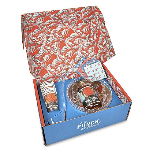 "It's PUNCH O'clock" - The Duppy Share Punch Pack has such fun packaging. Kit contains a bottle of Duppy Share Rum, along with punch bowl, ladle, cups and recipe cards.