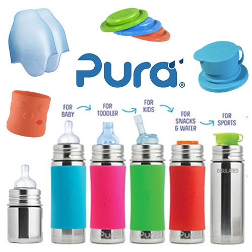 Pura Stainless - 100% plastic free baby/kids bottles. Simple design that evolves with your child from various baby nipples, to toddler sippers, to straws, to sport caps... and you can seal them with disks and add silicone sleeves.