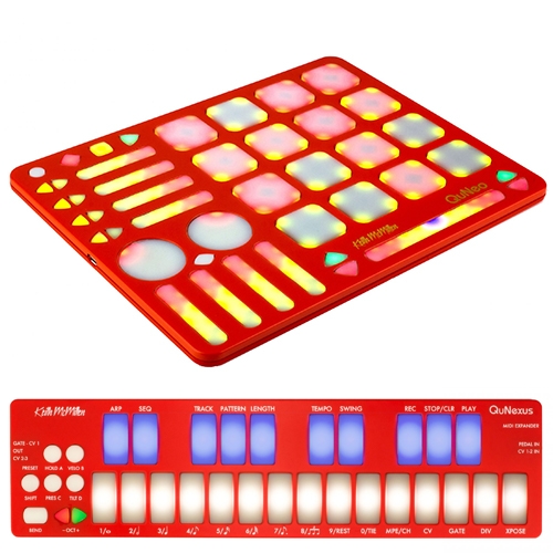 Keith McMillen QuNeo MPE MIDI Finger Drum Controller and QuNexus MPE MIDI-CV Mini Keyboard Controller with no moving parts! Beautiful product design language flowing through these playful interfaces.