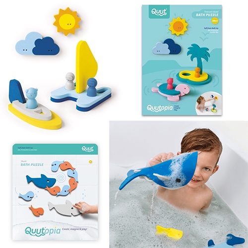 Quut Quutopia Toys bath puzzles and building sets elevate classic foam bath "stickers" into 3 dimensional play sets!