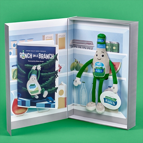 Hidden Valley Ranch introduces a Ranch On A Branch (a la elf on a shelf) boxed set, complete with book and fridge looking packaging. 