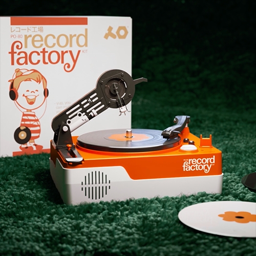Teenage Engineering PO-80 Record Factory Kit! This adorably retro styled record cutter and player makes and plays 5" vinyl records. Look at the packaging graphics!