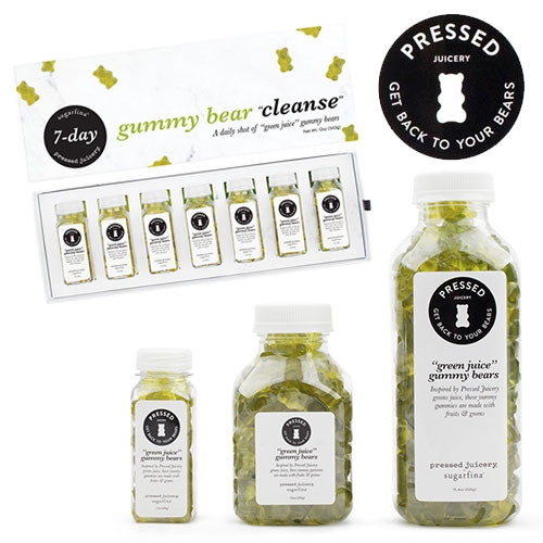 Sugarfina x Pressed Juicery Green Juice Bears. Yes gummy bears... even a 7 day green juice bear cleanse! From april fool's joke to reality. Made with apple, lemon, ginger, and greens.