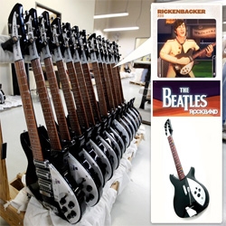 The Beatles Rock Band Rickenbacker 325 Controller ~ next to the REAL Rickenbacker 325 in production at the factory in Santa Ana! Amazing how close in size they are!