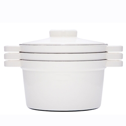 These sleek 'Aromapots' by Dottings Design for RIESS are 100% steel and enamel. A fresh &  modern approach to enamelware. Induction friendly and stackable, the lid also works as a trivet.  
