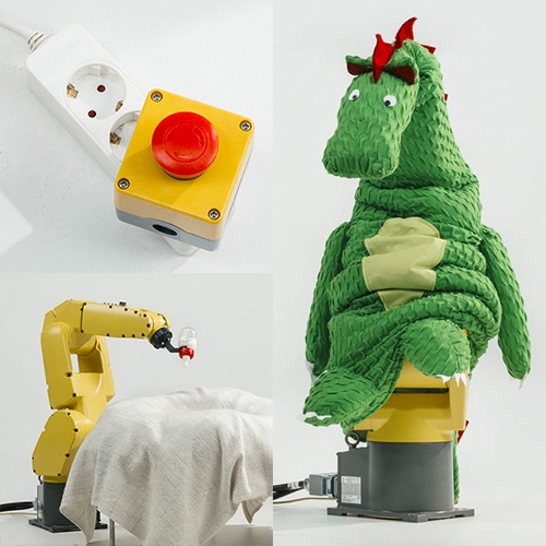 Raising Robotic Natives: Artefacts for generations growing up with robots by Stephan Bogner, Philipp Schmitt, and Jonas Voigt. Living Room Kill Switch, Robot Baby Feeder Toolhead, Dragon Costume for Industrial Robot, and "My First Robot" Book. 