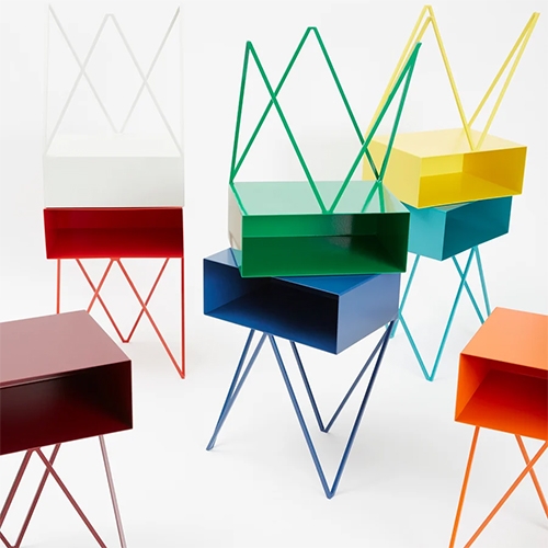 &New Robot Side Tables! In 15 powder coated colors, this solid steel open shelf on zig zag legs is adorable.