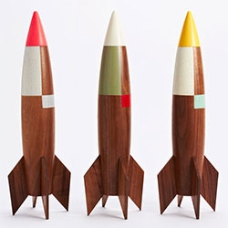 Solid Walnut, hand painted decorative rocket, by Pat Kim