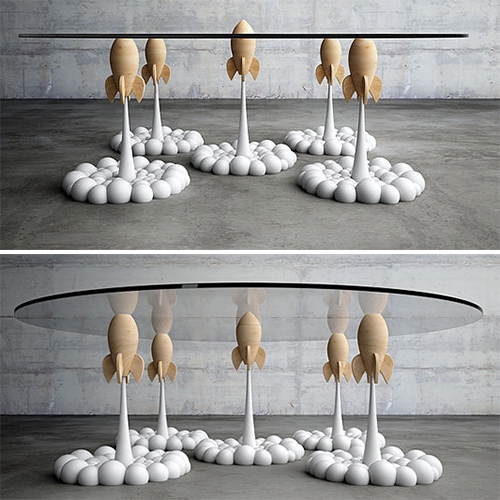 Mousarris Rocket Coffee Table - Combining various techniques from lathe to 3d printing, resin casting and traditional hand curved pieces, this table is fashioned to draw a smile on your face.