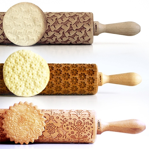 Valek Originals Rolling Pins! Adorable laser etched wooden rolling pins made in Poland by a young designer. The embossing rolling pins are made from local solid beech, protected with oil.