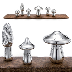 Wiener Silber Manufactur Wolfgang Joop "Magic Mushrooms" Board - This objet d'arte features 6 silver mushrooms growing from a zebrano wood board and beneath each mushroom cap is a secret compartment.
