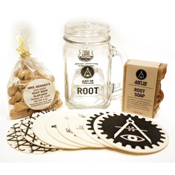 Art in the Age of Mechanical Reproduction - AITA ROOT gift pack - "Our specialty ROOT gift pack includes: 1 ROOT Mason jar mug, 1 set of 8 AITA logo coasters, 1 bar AITA ROOT soap, and 1 4 oz. bag of Rootbeer slapjack candy"