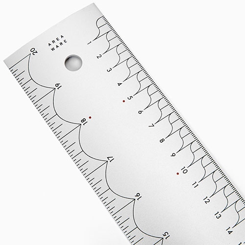 Area Ware Aluminum Ruler designed by Allon Libermann and Hye Jin Ahn. It uses visual hierarchies of color and shape to articulate the process of measurement. 