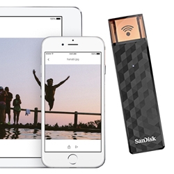 SanDisk Connect Wireless Stick - up to 128GB flash drive with built in wifi for you to save and access your photos, videos and files with iOS, Android, Kindle Fire apps. Also see the Wireless Media Drive.