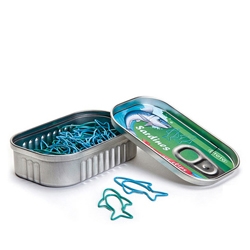 Super cute sardine paper clips packed in a reusable 'sardine tin ' designed for Animi Causa.