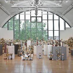 Artist Aleksandra Mir. piled 2,529 sporting trophies all into one room. It may not sound like much of a spectacle, but look a little closer and you find an intensely personal, and poignant message in the glimmering piles of metal.