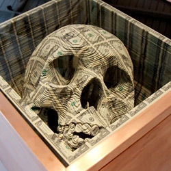 Amazing skull cut from $11K worth of dollar bill sheets! A look inside Scott Campbell's latest exhibition, "Noblesse Oblige", at the new OHWOW gallery.