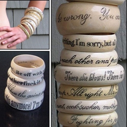 Just b/c its scrimshaw on pre-ban ivory, does that make it ok? The scripting is gorgeous and the words are witty... Bangles by Jessica Kagan Cushman.
