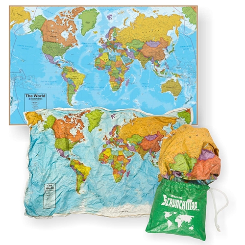 Scrunch Maps! (World, USA, Canada) Large and VERY detailed 24"x36" maps that would pair well with a little magnifying glass. Currently loving compact, indestructible, educational products for little kid distractions on the go. Possibly Tyvek.