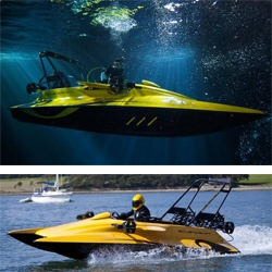 The Scubacraft: groundbreaking design known as a 'recreational submersible'. This means it can not only skip effortlessly across the water at 50 mph but dive to depths of 100ft or more with ease.