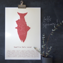  "Seattle Eats Local" poster puts the city's neighborhood map into a salmon butchery chart. Second in the "Meat My City" series by Alyson Thomas and Drywell Art. 