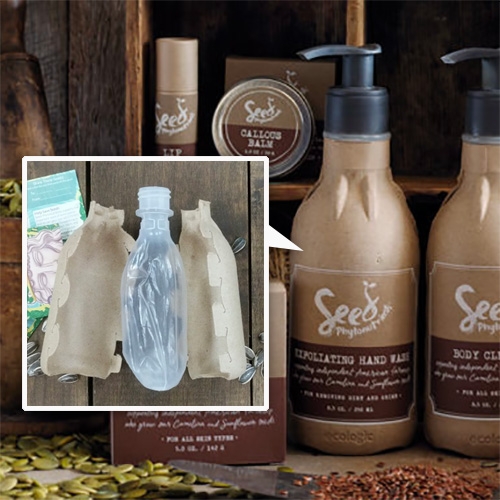 Seed Phytonutrients are packaged in a "shower-friendly post-consumer recycled paper bottle" made by Ecologic. Apparently "The plastic liner is so thin—95 percent thinner than conventional bottles— that it collapses as it’s used."