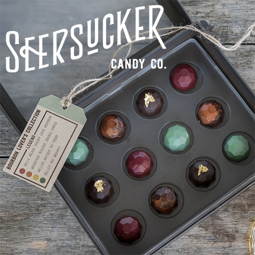 Seersucker Candy Co. Factory Exclusive (in Nashville, TN) Bourbon Lover's Collection of Chocolates. It includes Belle Meade Sherry Cask Bourbon, Bulleit Rye Whiskey, Woodford Reserve Double Oaked Bourbon, and Weller Antique 107 Proof inside!