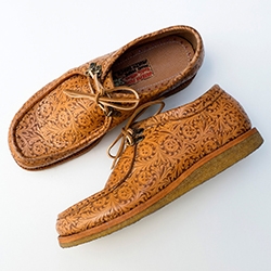 Upper Playground x Al's Attire Jeremy Fish Moc Toe Shoes. The pattern is laser etched on premium cowhide.