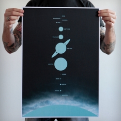 Want to explore the heavens untethered from the Earth and unlock all the mysteries of the universe? Check out the work Michael Paukner. Posters with  themes from legit space science to more fun “junk science” like Planet X or the Aztec doomsday calender.