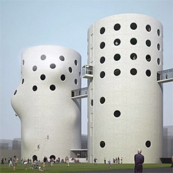 NL architects proposal to reuse two former sewage  treatment silos in Amsterdam, turning them into spaces for culture and sports... and using the facade  for climbing.