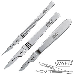 Bayha Skalpelle (Scalpels) ~ Bayha has been making scalpels in germany since 1927, these stainless steel handles that lock in various carbon steel blades are as good for designers as doctors - an x-acto replacement perhaps? 