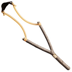 Nice wood slingshot from Kaufmann Mercantile! Handmade from buckthorn branches. Suede projectile pouch is affixed to natural latex tubing with waxed sinew. Made in Minnesota.