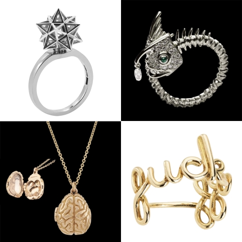 Solange Jewelry - currently mesmerized by this British jewellery line. Lonestar Cosmic Spinner Ring, Pisces Anglerfish Ring, Memory Bank Brain Locket, and fuck off handwriting ring.