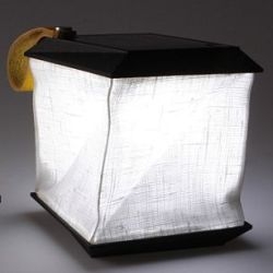 Solar-powered collapsible lamp lights up when unfolded.
