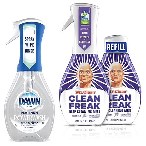 Been impressed with the packaging design (and function) of these continuous mist sprayers from Proctor & Gamble for Dawn Powerwash and Mr. Clean Clean Freak. 