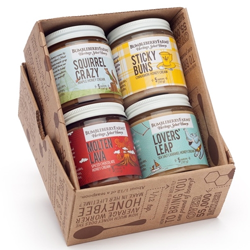 Bumbleberry Farms Honey Cream Gift Set - Lovers’ Leap Sea Salt Caramel, Squirrel Crazy Maple, Molten Lava Spiced Chocolate and Sticky Buns Cinnamon. Fun packaging and labels.
