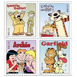 New sunday funnies stamps! Beetle Bailey, Calvin and Hobbes, Archie, Garfield, and Dennis the Menace.