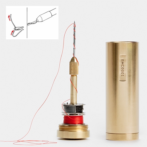 Best Made Co Brass Capsule Stitcher -made in collaboration with their engineering partners at Bolt Threads as the perfect emergency gear repair kit, conveniently ensconced in a polished brass capsule