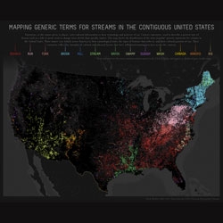 This map from Derek Watkins taps into the names of places contained in the USGS National Hydrography Dataset to show how the generic names of streams vary across the lower 48.