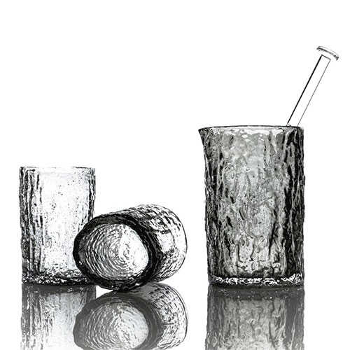 Vitreluxe Stump Cocktail Set - An oak branch was processed into a bronze blow mold where a bubble of glass was blown inside, creating oak bark texture just like the original branch, complete with a live edge detail on the lip and nail stir stick. 